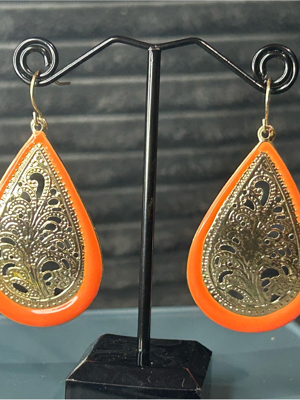 Orange Teardrop Filigree Dangle Earrings - Gold Detail